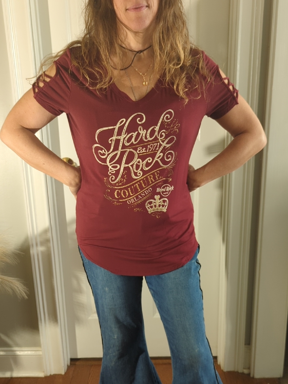 Hard Rock Cafe Burgundy V-Neck Tee with Gold Logo and Lattice Sleeves